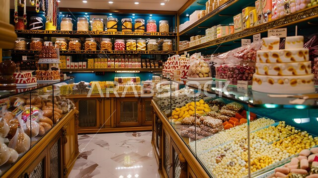 فن اعداد و عرض المنتجات ,المأكولات العربية الشعبية, حلويات من المطبخ السعودي ,تقديم الحلا في المناسبات والأعياد الاسلامية, وصفات طعام لذيذة، الحلويات العربية التقليدية في إحدى المتاجر