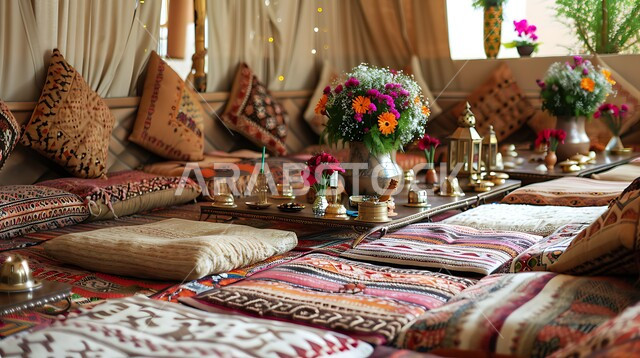 ديكور داخلي راقي للفلل والشقق السكنية في المملكة العربية السعودية, تحف واكسسوارات أنيقة، الاهتمام في نباتات الزينة الخضراء، التصاميم الداخلية لغرف المعيشة على الطراز العربي الاسلامي، أثاث منزلي ومجالس عربية تقليدية