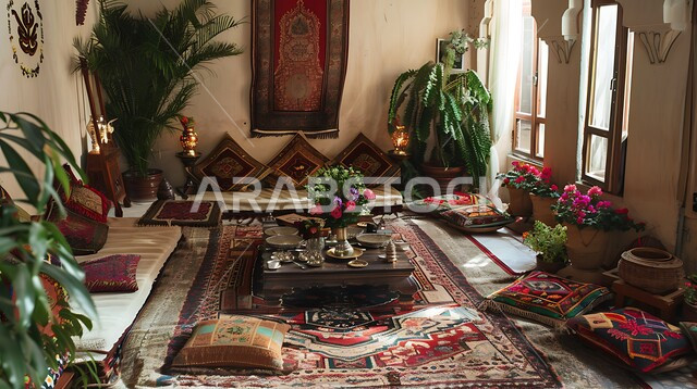 Elegant antiques and accessories, interest in green ornamental plants, interior designs for living rooms in the Arab-Islamic style, home furniture and traditional Arabic sitting rooms, upscale interior decor for villas and residential apartments in the Kingdom of Saudi Arabia.