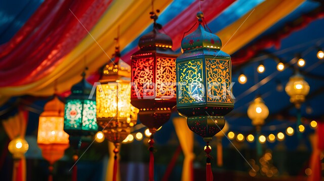 اكسسوارات و تحف مميزة للاحتفال بقدوم شهر الخير, أنوار و زينة شهر رمضان المبارك, مجموعة من الفوانيس العربية التقليدية الملونة المضيئة, المصابيح المعدنية المعلقة في الأجواء الرمضانية الروحانية