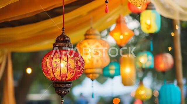 اكسسوارات و تحف مميزة للاحتفال بقدوم شهر الخير, أنوار و زينة شهر رمضان المبارك, مجموعة من الفوانيس العربية التقليدية الملونة المضيئة, المصابيح المعدنية المعلقة في الأجواء الرمضانية الروحانية