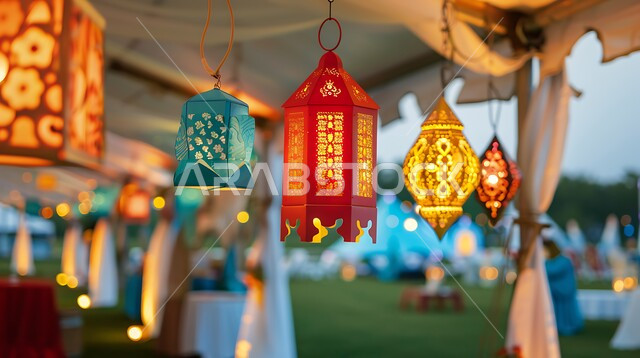 مجموعة من الفوانيس العربية التقليدية الملونة المضيئة, تحف و اكسسوارات مميزة للاحتفال بقدوم شهر الخير, المصابيح المعدنية المعلقة في الأجواء الرمضانية الروحانية, زينة و أنوار شهر رمضان المبارك