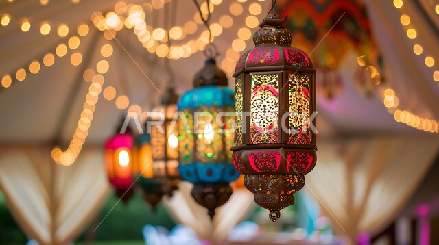 مجموعة من الفوانيس العربية التقليدية الملونة المضيئة, تحف و اكسسوارات مميزة للاحتفال بقدوم شهر الخير, المصابيح المعدنية المعلقة في الأجواء الرمضانية الروحانية, زينة و أنوار شهر رمضان المبارك