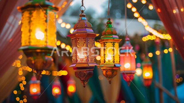 Distinctive antiques and accessories to celebrate the coming of the month of goodness, metal lamps hanging in the spiritual Ramadan atmosphere, decorations and lights for the holy month of Ramadan, a group of colorful, luminous traditional Arabic lanterns.