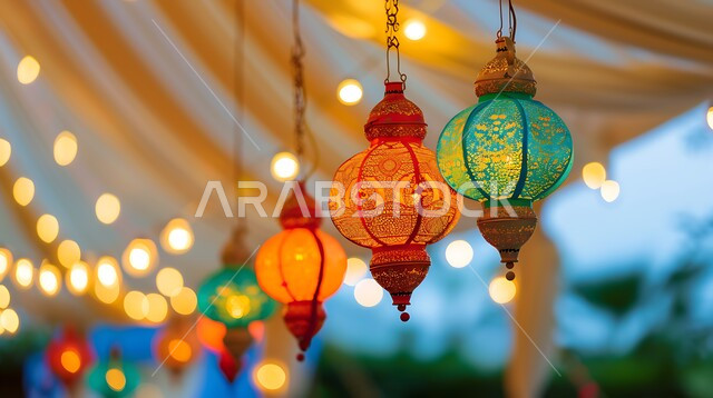 تحف و اكسسوارات مميزة للاحتفال بقدوم شهر الخير, المصابيح المعدنية المعلقة في الأجواء الرمضانية الروحانية, زينة و أنوار شهر رمضان المبارك، مجموعة من الفوانيس العربية التقليدية الملونة المضيئة