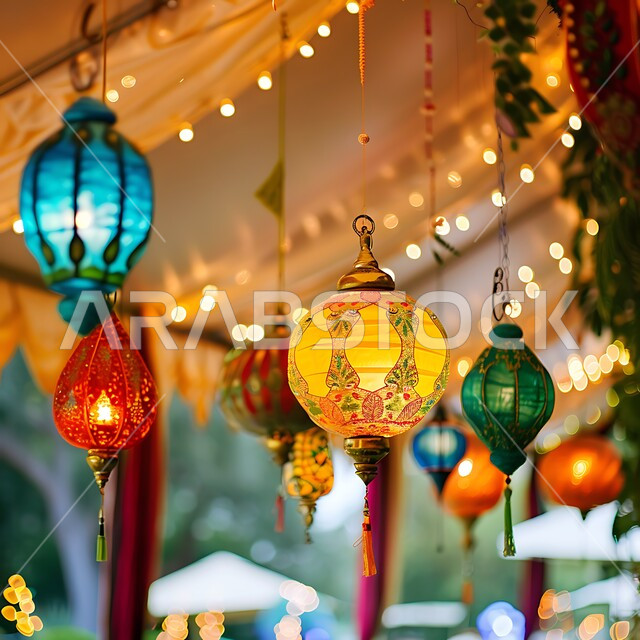 زينة و أنوار شهر رمضان المبارك، مجموعة من الفوانيس العربية التقليدية الملونة المضيئة ،تحف و اكسسوارات مميزة للاحتفال بقدوم شهر الخير،المصابيح المعدنية المعلقة في الأجواء الرمضانية الروحانية