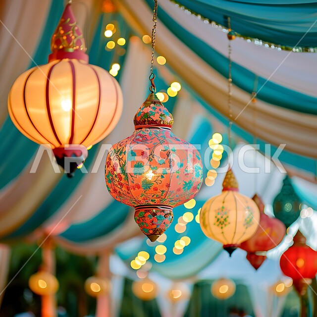 زينة و أنوار شهر رمضان المبارك، مجموعة من الفوانيس العربية التقليدية الملونة المضيئة ،تحف و اكسسوارات مميزة للاحتفال بقدوم شهر الخير،المصابيح المعدنية المعلقة في الأجواء الرمضانية الروحانية