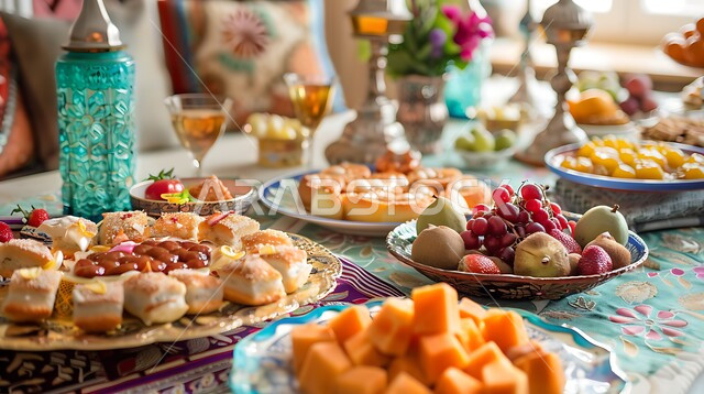حسن الاستقبال و كرم الضيافة في العيد ,أجواء الاحتفال بالأعياد والمناسبات، الفواكه الطازجة اللذيذة, طاولة مجهزة ومزينة مليئة بأطباق الحلويات الشعبية التقليدية, منتجات محلية وطنية من المملكة العربية السعودية