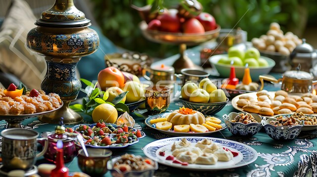 أجواء الاحتفال بالأعياد والمناسبات، الفواكه الطازجة اللذيذة, طاولة مجهزة ومزينة مليئة بأطباق الحلويات الشعبية التقليدية, كرم الضيافة وحسن الاستقبال في العيد ,منتجات محلية وطنية من المملكة العربية السعودية