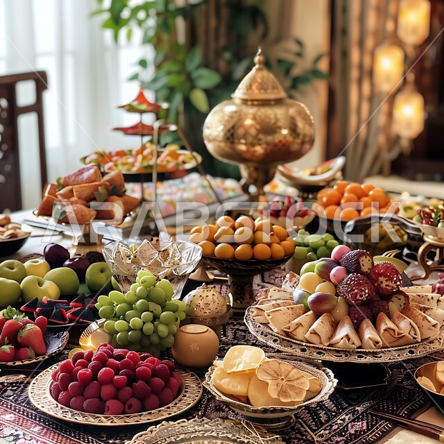 أجواء الاحتفال بالأعياد والمناسبات، الفواكه الطازجة اللذيذة, طاولة مجهزة ومزينة مليئة بأطباق الحلويات الشعبية التقليدية, كرم الضيافة وحسن الاستقبال في العيد ,منتجات محلية وطنية من المملكة العربية السعودية
