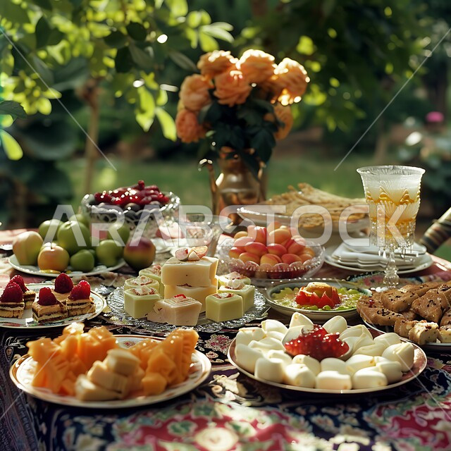  كرم الضيافة وحسن الاستقبال في العيد ,منتجات محلية وطنية من المملكة العربية السعودية, أجواء الاحتفال بالأعياد والمناسبات، الفواكه الطازجة اللذيذة, طاولة مليئة بأطباق الحلويات الشعبية التقليدية