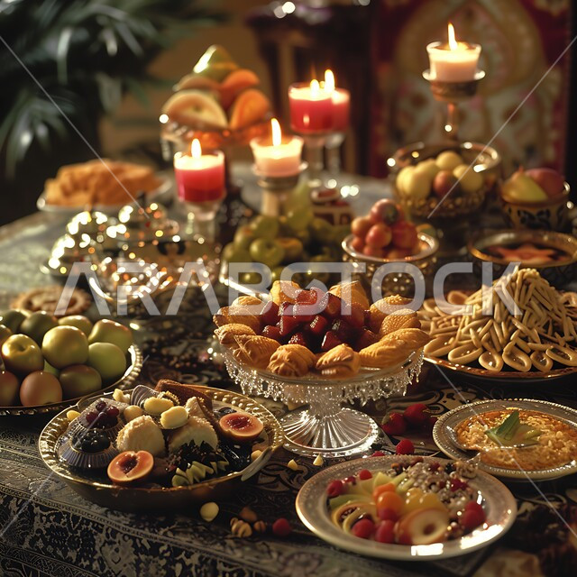  كرم الضيافة وحسن الاستقبال في العيد ,منتجات محلية وطنية من المملكة العربية السعودية, أجواء الاحتفال بالأعياد والمناسبات، الفواكه الطازجة اللذيذة, طاولة مليئة بأطباق الحلويات الشعبية التقليدية