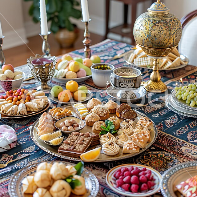 منتجات محلية وطنية من المملكة العربية السعودية, أجواء الاحتفال بالأعياد والمناسبات، الفواكه الطازجة اللذيذة, طاولة مليئة بأطباق الحلويات الشعبية التقليدية، كرم الضيافة وحسن الاستقبال في العيد