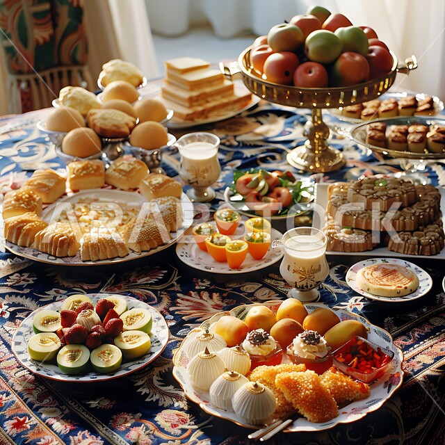 الفواكه الطازجة اللذيذة, طاولة مليئة بأطباق الحلويات الشعبية التقليدية، كرم الضيافة وحسن الاستقبال في العيد، أجواء الاحتفال بالأعياد والمناسبات، منتجات محلية وطنية من المملكة العربية السعودية