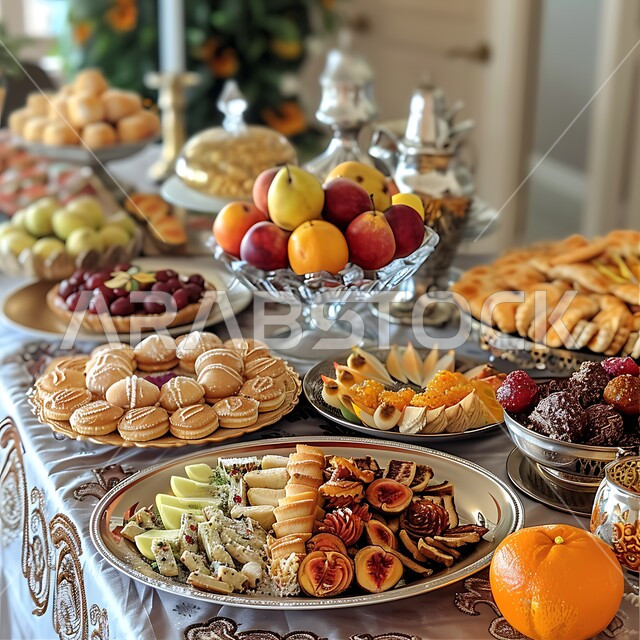 طاولة مليئة بأطباق الحلويات الشعبية التقليدية، الفواكه الطازجة اللذيذة, كرم الضيافة وحسن الاستقبال في العيد، أجواء الاحتفال بالأعياد والمناسبات، منتجات محلية وطنية من المملكة العربية السعودية