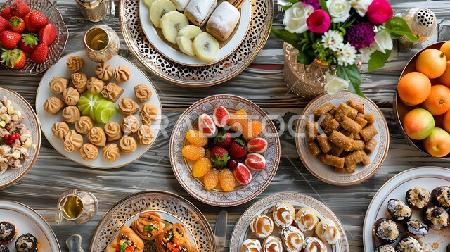 طاولة مليئة بأطباق الحلويات الشعبية التقليدية، الفواكه الطازجة اللذيذة, كرم الضيافة وحسن الاستقبال في العيد، أجواء الاحتفال بالأعياد والمناسبات، منتجات محلية وطنية من المملكة العربية السعودية