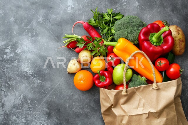  الاهتمام في الزراعة المحلية والاكتفاء الذاتي ,المنتجات والمحاصيل الزراعية الوطنية السعودية, مأكولات مفيدة و صحية, صورة مقربة لمجموعة من الخضراوات الطازجة على خلفية رمادية