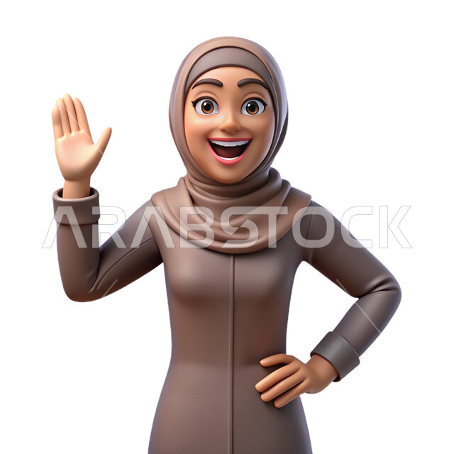 ايماءات تدل على السعاده, النظر الى الكاميرا بتعابير السرور ,رسوم كرتونية لامرأه عربية خليجية سعودية محجبة ترتدي العباءه الرمادية ترفع يدها لإلقاء التحية والسلام, خلفية بيضاء