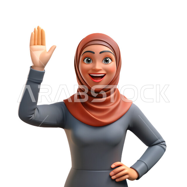النظر الى الكاميرا بتعابير السرور ,رسوم كرتونية لامرأه عربية خليجية سعودية محجبة ترتدي العباءه الرمادية ترفع يدها لإلقاء التحية والسلام, ايماءات تدل على السعاده, خلفية بيضاء
