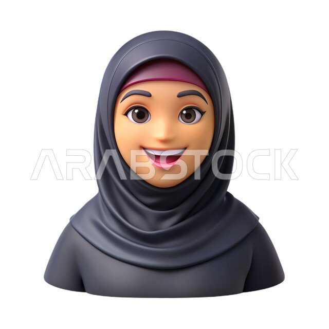 The concept of femininity and softness, concern for external appearance, cartoon drawings of a veiled Saudi Arabian Gulf woman, smiling, looking at the camera with an expression of pleasure, white background