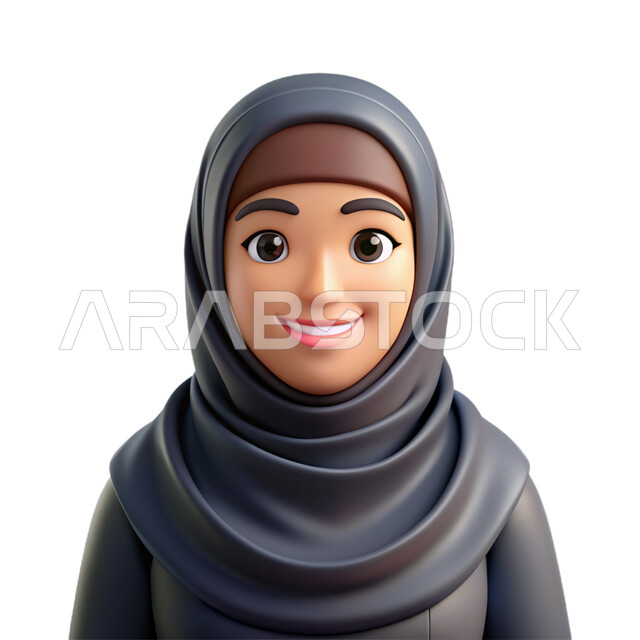 الاهتمام بالمظهر الخارجي, رسوم كرتونية لسيدة عربيه خليجية سعودية محجبة مبتسمة تنظر الى الكاميرا بتعابير السرور, مفهوم الانوثة و النعومة, خلفية بيضاء