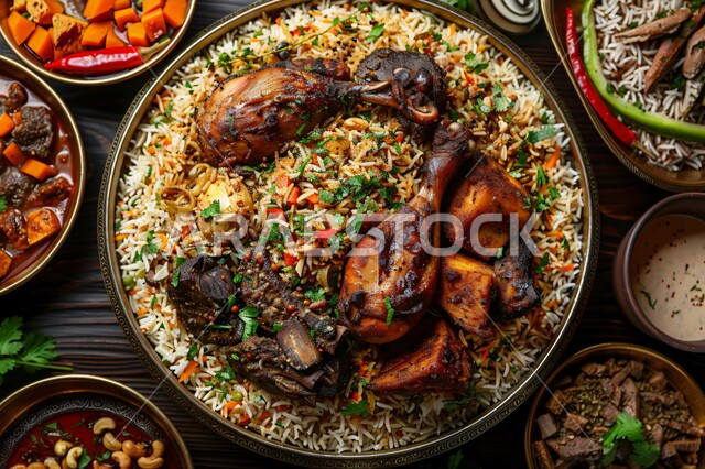  طبق من أرز الكبسة مع الخضراوات والتوابل ,مأكولات وأطباق عربية تقليدية ,طبق من أرز البرياني المطهي على مائدة العشاء, وصفات الطعام الصحية الشهية، فنون تقديم الأطعمة الشرقية اللذيذة