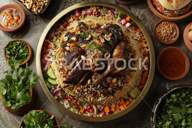 مأكولات وأطباق عربية تقليدية ,طبق من أرز البرياني المطهي على مائدة العشاء, وصفات الطعام الصحية الشهية، فنون تقديم الأطعمة الشرقية اللذيذة، صحن من أرز الكبسة مع الخضراوات والتوابل