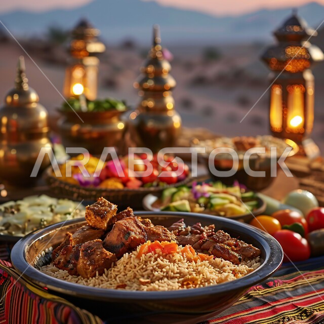  أرز الكبسة مع الخضراوات والتوابل ,صورة مقربة لأطباق و ماكولات عربية تقليدية في الصحراء ,وصفات الطعام الصحية الشهية ,فنون تقديم الأطعمة الشرقية اللذيذة في العزائم والولائم, طبق من أرز البرياني المطهي على مائدة العشاء في الاجواء الرمضانية