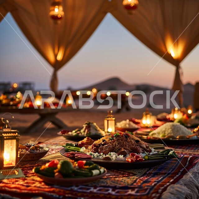  أرز الكبسة مع الخضراوات والتوابل ,صورة مقربة لأطباق و ماكولات عربية تقليدية في الصحراء ,وصفات الطعام الصحية الشهية ,فنون تقديم الأطعمة الشرقية اللذيذة في العزائم والولائم, طبق من أرز البرياني المطهي على مائدة العشاء في الاجواء الرمضانية