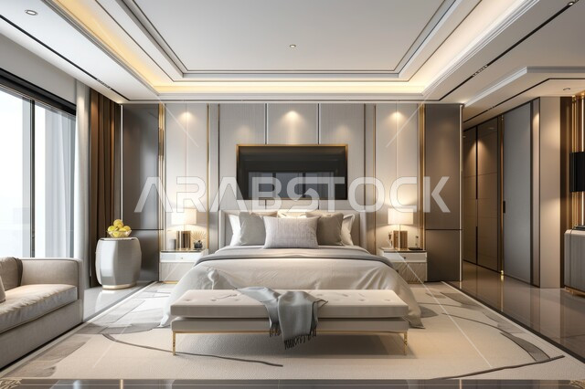  سرير مريح بألوان هادئة، إكسسوارات وتحف وأثاث منزلي راقي، غرف ذات تصميم عصري وفخم، تصاميم وديكورات داخلية أنيقة لغرفة نوم مريحة، فلل وشقق سكنية في المملكة العربية السعودية