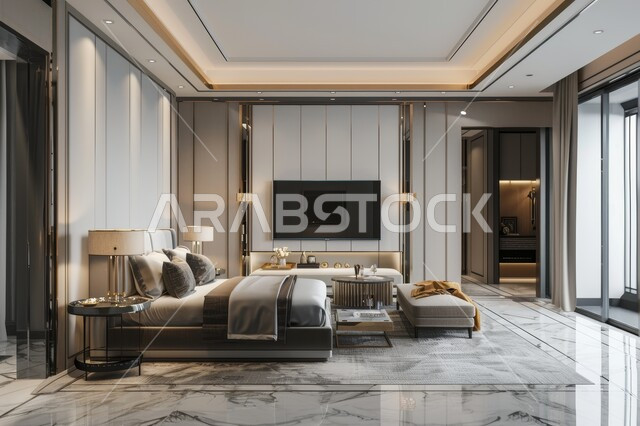 A comfortable bed in calm colors, accessories, antiques and upscale home furniture, rooms with a modern and luxurious design, elegant interior designs and decorations for a comfortable bedroom, villas and residential apartments in the Kingdom of Saudi Arabia