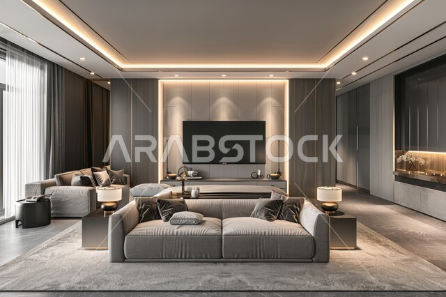 Caring for home ornamental plants, windows and glass facades overlooking nature, interior designs for modern-style living rooms, a living room with luxurious home furniture, upscale interior decor for villas and residential apartments in the Kingdom of Saudi Arabia