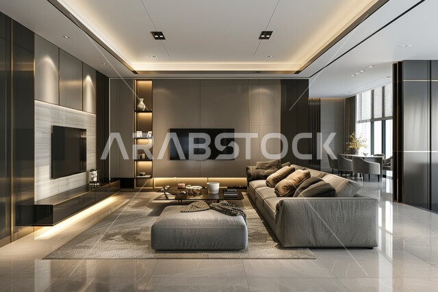 Caring for home ornamental plants, windows and glass facades overlooking nature, interior designs for modern-style living rooms, a living room with luxurious home furniture, upscale interior decor for villas and residential apartments in the Kingdom of Saudi Arabia