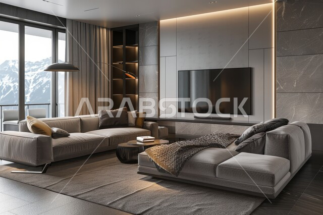 الاهتمام بنبات الزينة المنزلي، النوافذ والواجهات الزجاجية المطلة على الطبيعة، التصاميم الداخلية لغرف الجلوس على الطراز الحديث، غرفة معيشة مع أثاث منزلي فاخر، ديكور داخلي راقي للفلل والشقق السكنية في المملكة العربية السعودية