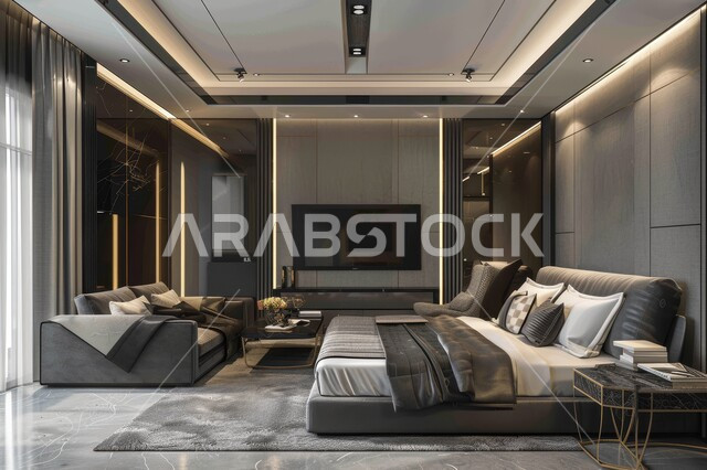 غرف ذات تصميم عصري وفخم، تصاميم وديكورات داخلية أنيقة لغرفة نوم مريحة، شقق وفلل سكنية في المملكة العربية السعودية، سرير مريح بألوان هادئة، إكسسوارات وتحف وأثاث منزلي راقي