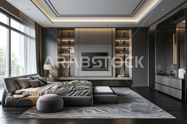 غرف ذات تصميم عصري وفخم، تصاميم وديكورات داخلية أنيقة لغرفة نوم مريحة، شقق وفلل سكنية في المملكة العربية السعودية، سرير مريح بألوان هادئة، إكسسوارات وتحف وأثاث منزلي راقي