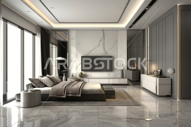 غرف ذات تصميم عصري وفخم، تصاميم وديكورات داخلية أنيقة لغرفة نوم مريحة، شقق وفلل سكنية في المملكة العربية السعودية، سرير مريح بألوان هادئة، إكسسوارات وتحف وأثاث منزلي راقي
