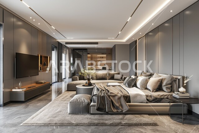  تصاميم وديكورات داخلية أنيقة لغرفة نوم مريحة، غرف ذات تصميم عصري وفخم، شقق وفلل سكنية في المملكة العربية السعودية، سرير مريح بألوان هادئة، إكسسوارات وتحف وأثاث منزلي راقي