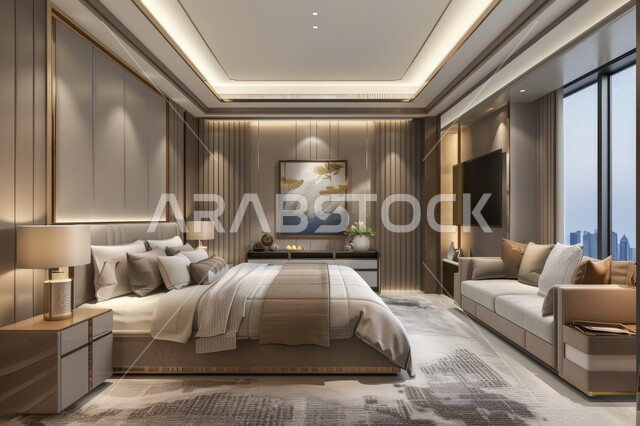  إكسسوارات وتحف وأثاث منزلي راقي، تصاميم وديكورات داخلية أنيقة لغرفة نوم مريحة، غرف ذات تصميم عصري وفخم، شقق وفلل سكنية في المملكة العربية السعودية، سرير مريح بألوان هادئة