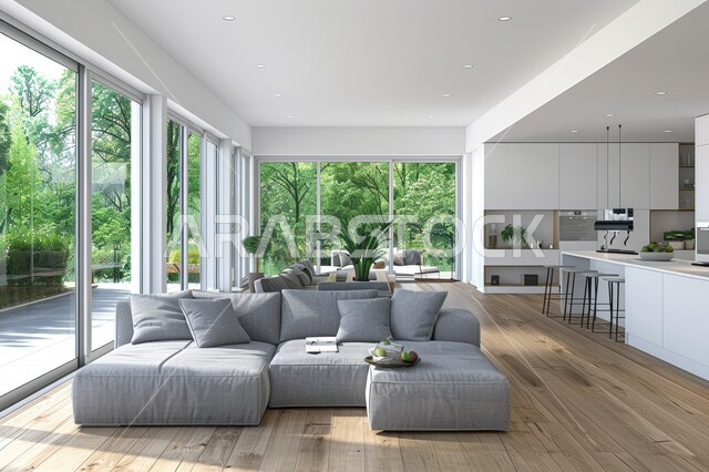 فن الهندسة المعمارية والديكور الداخلي في الفلل والشقق السكنية، واجهة زجاجية مطلة على الطبيعة، التصاميم الداخلية لغرف الجلوس على الطراز الحديث، غرفة معيشة مع أثاث منزلي فاخر باللون الرمادي، تحف واكسسوارات فاخرة، طاولة صغيرة بجانب اريكة مريحة