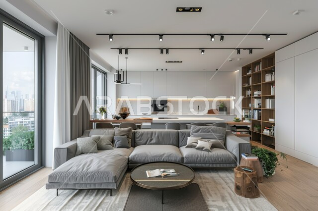 واجهة زجاجية مطلة على الطبيعة، التصاميم الداخلية لغرف الجلوس على الطراز الحديث، غرفة معيشة مع أثاث منزلي فاخر باللون الرمادي، تحف واكسسوارات فاخرة، طاولة صغيرة بجانب اريكة مريحة، فن الهندسة المعمارية والديكور الداخلي في الفلل والشقق السكنية