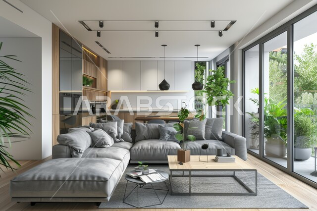 واجهة زجاجية مطلة على الطبيعة، التصاميم الداخلية لغرف الجلوس على الطراز الحديث، غرفة معيشة مع أثاث منزلي فاخر باللون الرمادي، تحف واكسسوارات فاخرة، طاولة صغيرة بجانب اريكة مريحة، فن الهندسة المعمارية والديكور الداخلي في الفلل والشقق السكنية