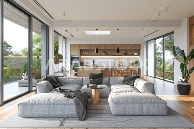 فن الهندسة المعمارية والديكور الداخلي في الفلل والشقق السكنية، واجهة زجاجية مطلة على الطبيعة، التصاميم الداخلية لغرف الجلوس على الطراز الحديث، غرفة معيشة مع أثاث منزلي فاخر باللون الرمادي، تحف واكسسوارات فاخرة، طاولة صغيرة بجانب اريكة مريحة