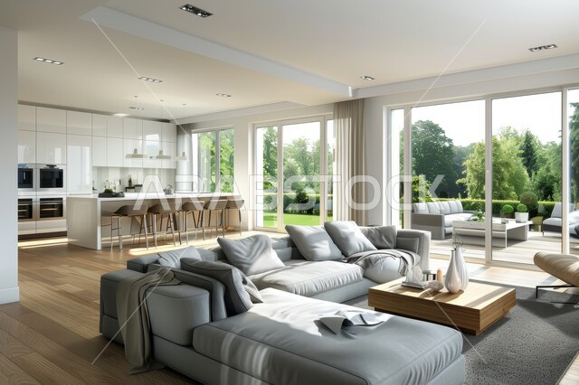 فن الهندسة المعمارية والديكور الداخلي في الفلل والشقق السكنية، واجهة زجاجية مطلة على الطبيعة، التصاميم الداخلية لغرف الجلوس على الطراز الحديث، غرفة معيشة مع أثاث منزلي فاخر باللون الرمادي، تحف واكسسوارات فاخرة، طاولة صغيرة بجانب اريكة مريحة