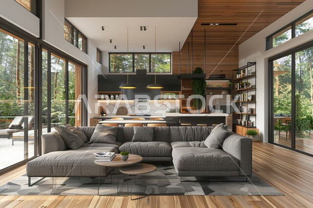 فن الهندسة المعمارية والديكور الداخلي في الفلل والشقق السكنية، واجهة زجاجية مطلة على الطبيعة، التصاميم الداخلية لغرف الجلوس على الطراز الحديث، غرفة معيشة مع أثاث منزلي فاخر باللون الرمادي، تحف واكسسوارات فاخرة، طاولة صغيرة بجانب اريكة مريحة