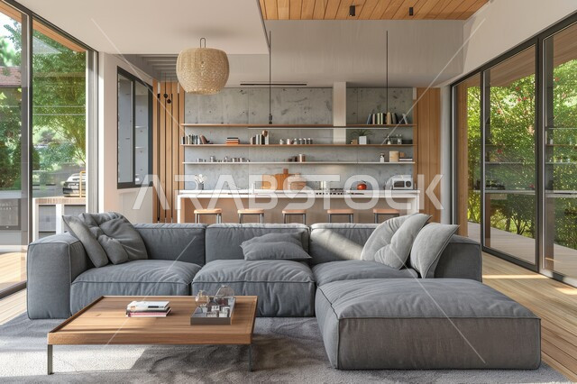 فن الهندسة المعمارية والديكور الداخلي في الفلل والشقق السكنية، واجهة زجاجية مطلة على الطبيعة، التصاميم الداخلية لغرف الجلوس على الطراز الحديث، غرفة معيشة مع أثاث منزلي فاخر باللون الرمادي، تحف واكسسوارات فاخرة، طاولة صغيرة بجانب اريكة مريحة