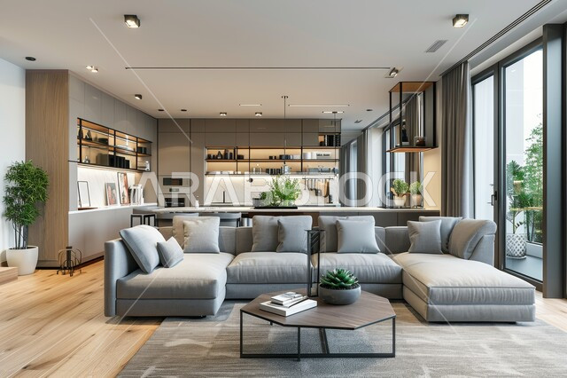 طاولة صغيرة بجانب اريكة مريحة، فن الهندسة المعمارية والديكور الداخلي في الفلل والشقق السكنية، واجهة زجاجية مطلة على الطبيعة، التصاميم الداخلية لغرف الجلوس على الطراز الحديث، غرفة معيشة مع أثاث منزلي فاخر باللون الرمادي، تحف واكسسوارات فاخرة