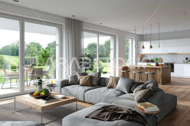 تحف واكسسوارات فاخرة، طاولة صغيرة بجانب اريكة مريحة، فن الهندسة المعمارية والديكور الداخلي في الفلل والشقق السكنية، واجهة زجاجية مطلة على الطبيعة، التصاميم الداخلية لغرف الجلوس على الطراز الحديث، غرفة معيشة مع أثاث منزلي فاخر باللون الرمادي