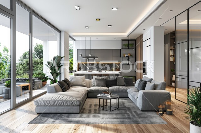 طاولة صغيرة بجانب اريكة مريحة، فن الهندسة المعمارية والديكور الداخلي في الفلل والشقق السكنية، واجهة زجاجية مطلة على الطبيعة، التصاميم الداخلية لغرف الجلوس على الطراز الحديث، غرفة معيشة مع أثاث منزلي فاخر باللون الرمادي، تحف واكسسوارات فاخرة