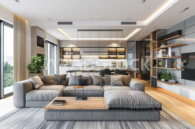 تحف واكسسوارات فاخرة، طاولة صغيرة بجانب اريكة مريحة، فن الهندسة المعمارية والديكور الداخلي في الفلل والشقق السكنية، واجهة زجاجية مطلة على الطبيعة، التصاميم الداخلية لغرف الجلوس على الطراز الحديث، غرفة معيشة مع أثاث منزلي فاخر باللون الرمادي